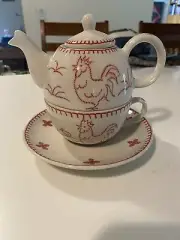 Andrea by Sadek 3pc Teapot Cup Saucer Tea for One Set Red Rooster Chicken NIB