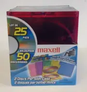 25 Thin Multi-Colored Disc Holders, by Maxell, which can contain up to 50 Discs