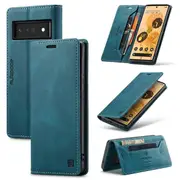 AutSpace For Google Pixel 6 Pro Case RFID Blocking Retro Flip Premium Leather Card Holder Wallet Cover - Cyan Blue