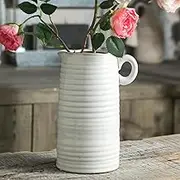 Mowtanco White Ceramic Vase with Small Handle, Modern Farmhouse Pitcher, Milk Jug for Home Decor, Rustic Textured Pottery, Glazed Decorative Centerpiece