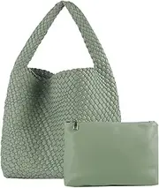 [LMKIDS] Women Vegan Leather Hand-Woven Tote Handbag Fashion Shoulder Top-handle Bag All-Match Underarm Bag with Purse