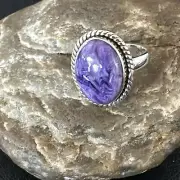 Womens Purple Charoite Navajo Sterling Silver Oval Ring Adjustable Size 9 17246