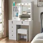 Modern LED Lights Makeup Desk Vanity Set w/ Sliding Mirror Stool Dressing Table