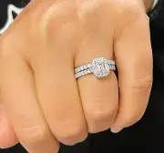 14k white gold emerald and round moissanite engagement ring and band halo 1.80