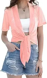[iClosam] Women Sheer Shrug Tie Top Short Sleeve Summer Open Front Cardigans Plus Size Mesh Bolero Jacket Pink