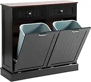LOUVIXA Tilt Out Trash Can Cabinet Dog Proof with Double Wood Hidden Trash Can Holder, Kitchen Free Standing Recycling Cabinet（Black）
