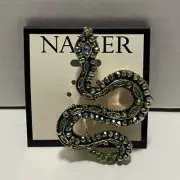 Napier Gold Tone Snake Pin Brooch Year of the Snake Green Crystal Stones