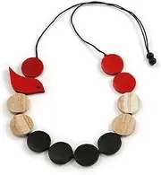 [Avalaya] Red/Black/Antique White Wooden Coin Bead and Bird Black Cotton Cord Long Necklace/ 96cm Max Length/Adjustable, cords Wood