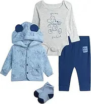 [Disney] Baby Boys and Girls Take Me Home Set - 4 Piece Unisex Infant Bodysuit, Hooded Jacket, Pants, and Socks (Sizes: 0-9M)