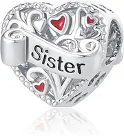 [ZakiaHo] Sister Heart Love Charms for Bracelets Family Sister Birthday Gifts for Women Compatible with Pandora Bracelets, Copper, No Gemstone