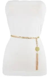 Women High Waist Hip Gold Metal Chain Classy Look Thin Belt Tassel Charm XS S M
