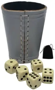 Genuine Leather Compact Dice Cup + 16mm Pip Dot Dice (Bone Tone) + Pouch