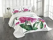 Ambesonne Flower Bedspread, Watercolor Peonies and Dragonflies Blossoming Spring with Romantic Feminine Bouquet, Decorative Quilted 3 Piece Coverlet Set with 2 Pillow Shams, Queen Size, Green Pink