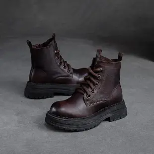 【Vecchio】真皮馬丁靴 厚底馬丁靴/真皮頭層牛皮厚絨保暖個性厚底馬丁靴(棕)