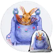 Cute Animal Art Bunny Overall Pocket Round Beach Towel