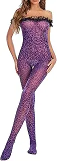 [SAOJEYI-DG] Women's Sexy Leopard Print Sexy Bodysuit Sheer Mesh See Through Bodystockings Crotchless Chemise