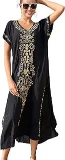 [YouKD] Summer Cotton Embroidered Floral Loose Caftan Boho Beach Bikini Cover Up Dress Plus Size Robe for Women