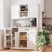 Gizoon 67" Tall Farmhouse Hutch Cabinet with Microwave Shelf, Coffee Bar, Storage for Kitchen, Bathroom, Living Room, White