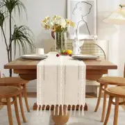 GSG Boho Linen Table Runner for Home Decor, 90" Long 13*90 inches, White