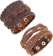 [HZMAN] 2Pcs Retro Leather Bracelets for Men Brown Rock Cuff Bracelet