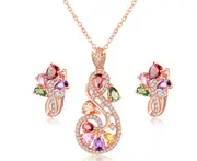 Gorgeous Flower and Music Design Plated Multi Color Cubic Zirconia Stud Earrings and Necklace Set