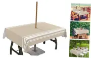 Outdoor Tablecloth with Umbrella Hole, Khaki and White Stripe Rectangle