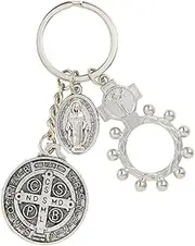 Needzo Saint Benedict Key Chain with One Decade Rosary Ring and Miraculous Medal, Keychain for House or Car Keys, 3 1/2 Inches, Multi