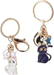 [Anseom] 2 Pcs Sailor Moon Keychain Cartoon Cute Magic Cat Keychain Sailor Moon Idea Metal Pendant KeychainCartoon Keyring for Womens Bag Charms Cat Keychains for Women Girls Cat Lovers, Blue and White,