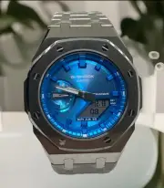 Casio G-Shock GA-2100FL-1AER “Blue Flame” Custom Steel Case Mod Men's Watch