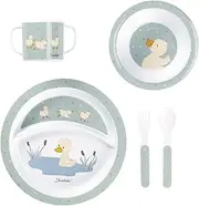 Sterntaler Edda Lou Duck Crockery Set Stone Green Set of 5 for Boys and Girls Consisting of Handle Cup, Plate, Porridge Bowl, Each with Non-Slip Base and Spoon and Fork