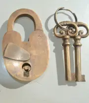 LONG THROW Padlock old Vintage stye antique solid brass skeleton keys heavy
