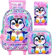[ZLYERT] 3Pcs Rolling Backpack for Girls, Kids Roller Backpack with Wheels, Unicorn Mermaid Dinosaur Wheeled Bookbag for school