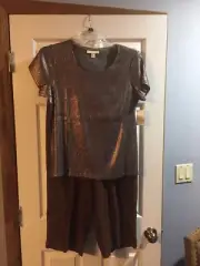 NWT COLDWATER CREEK BROWN FULL SEQUINED TOP (L) + BROWN HOT COTTON PANTS (L)