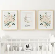Floral Beige Nursery Wall Art Print, personalised Custom Art prints Set of three