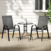 [Gardeon] Outdoor Table and Chairs Stackable Dining Chair, Bistro Sets Garden Furniture Patio Deck Backyard Coffee Table, Steel Textilene Fabric Glass Top Black Set of 3