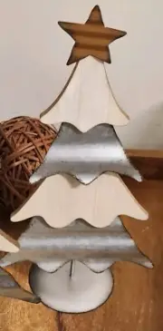 GALVANIZED TIN & Wood TABLETOP Rustic CHRISTMAS TREE 15" NEW