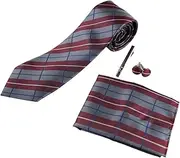 [Zasel] Mens Grey, Maroon & Navy Checkered Matching Neck Tie, Pocket Square, Cuff Links And Tie Clip Set Dark Grey, Navy, Maroon, Light Yellow