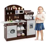 Costway Mini Pretend Wooden Kitchen Playset w/Dish Rack & Washing Machine Toy Kitchen Play Set Brown
