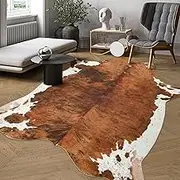 Premium Faux Cow Hide Rug Cowhide Area Rug, 6.2 x 5.2ft Animal Print Fur Rug Suitable for Bedroom Living Room, Western Decor Carpets for Dining Room Office, Animal Skin Area Rug, Brown