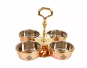 Steel Copper 4 Compartment Condiment Pickle Dry Fruit Bowl Set, Serveware