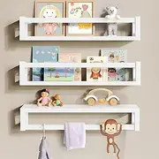 MIMIKAYE Floating Nursery Kids Book Shelves for Wall Set of 3, Wall Mounted Natural Solid Wood Furniture Bookcase Decor Storage Organizer Shelf for Bedroom Kitchen Bathroom and Living Room (3, White)