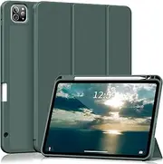 KVTVOU Case for iPad Pro 11 Inch 4th/3rd/2nd Generation 2022/2021/2020 with Pencil Holder [Support 2nd Gen Pencil Charging] Slim Soft TPU Back Trifold Stand Cover, Auto Wake/Sleep, Dark Green