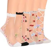 [Telooco] 5PCS Women's Sheer Flower Patterned Thin Casual Sheer Socks Crew Socks Transparent Cute Summer Elastic Crystal Glass Sock for Women and Girls, Beige Sole, Khaki Sole, White Sole, Gray-blue
