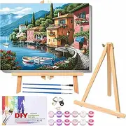 Jakener Paint by Numbers for Adults with Frame,Painting by Numbers for Adults with Wooden Easel,Seaside City Scenery DIY Box Pack Paint by Numbers Kits for Home Wall Decor 12x16inch