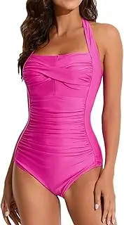 [Smismivo] Tummy Control Swimwear Black Halter One Piece Swimsuit Ruched Padded Bathing Suits for Women Slimming Vintage Bikini