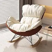 OWELLK Bedroom Upholstered Comfy Rocking Chair Leisure Sofa Rocking Chair Artificial Leather Armchair Mid Century Living Room Rocker Recliner(Off-White+Brown,No Footstool)
