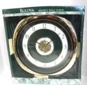 12" Hanging quartz Wall Clock Bulova New in Box. Moving gears,green & Gold