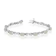 14K White Gold Oval Opal Stones And Diamonds Tennis Bracelet, 7"