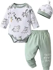 [Awxoder] Newborn Baby Boy Clothes Animal Print Tops + Pants + Hat 3Pcs Outfit Set