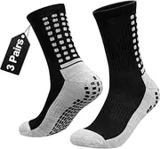 [YUEDGE] Mens Soccer Grip Socks Non Slip Cotton Cushioned Crew Pilates Basketball Football Sports Socks Size 6-13, 3 Pairs